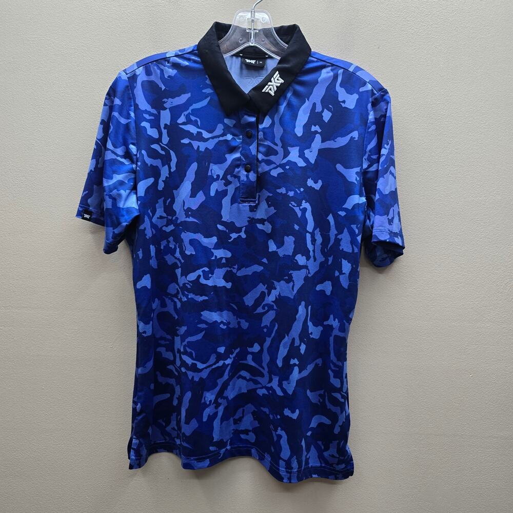 PXG Polo Shirt Mens Medium Camouflage Short Sleeve Performance Golf Logo Blue